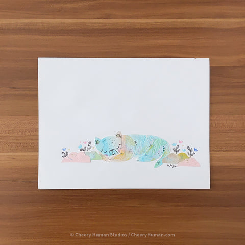 *PAPER ART ORIGINAL* Sleepy Blue Dog - Original Paper Cut Artwork ✺ Watercolor - Acryla Gouache - Colored Pencil Art