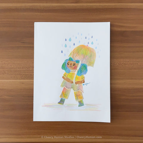 *PAPER ART ORIGINAL* Walking in the Rain - Original Paper Cut Artwork ✺ Watercolor - Acryla Gouache - Colored Pencil Art