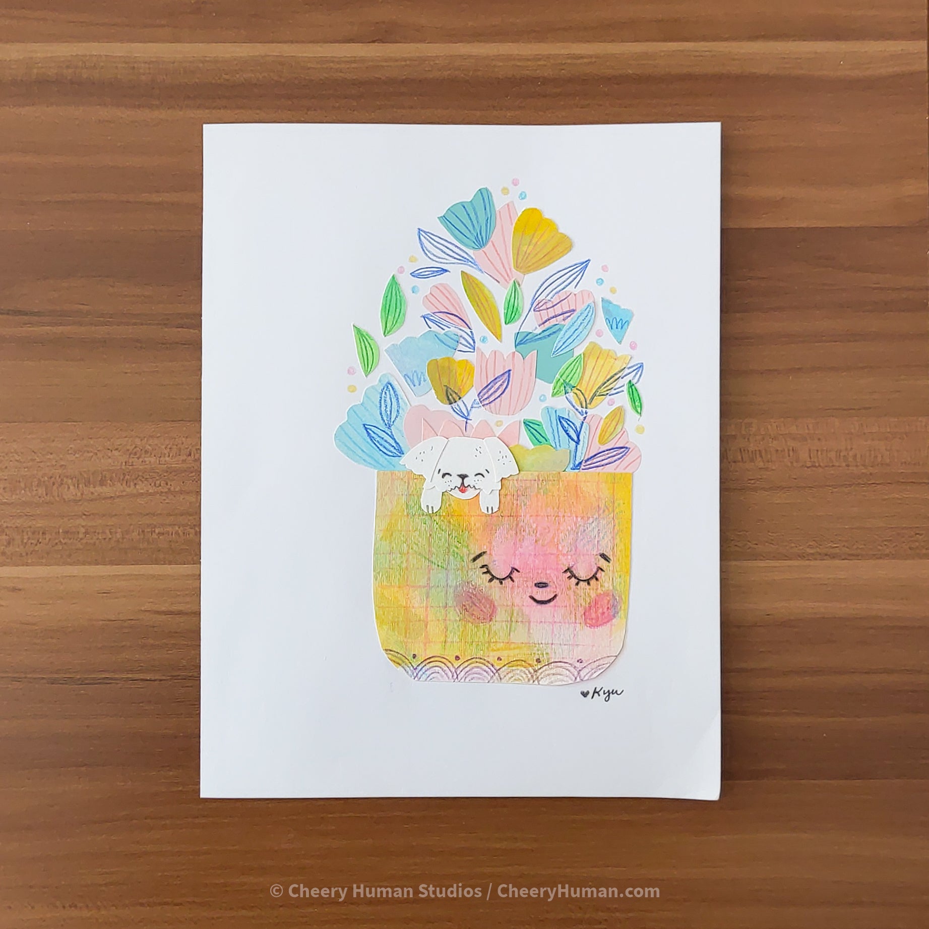 *PAPER ART ORIGINAL* Cheery Dog + Flowers - Original Paper Cut Artwork ✺ Watercolor - Acryla Gouache - Colored Pencil Art