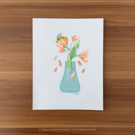 *PAPER ART ORIGINAL* Sleepy Bee in Flower - Original Paper Cut Artwork ✺ Watercolor - Acryla Gouache - Colored Pencil Art