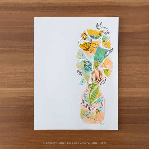 *PAPER ART ORIGINAL* Tiny Village Vase + Flowers - Original Paper Cut Artwork ✺ Watercolor - Acryla Gouache - Colored Pencil Art