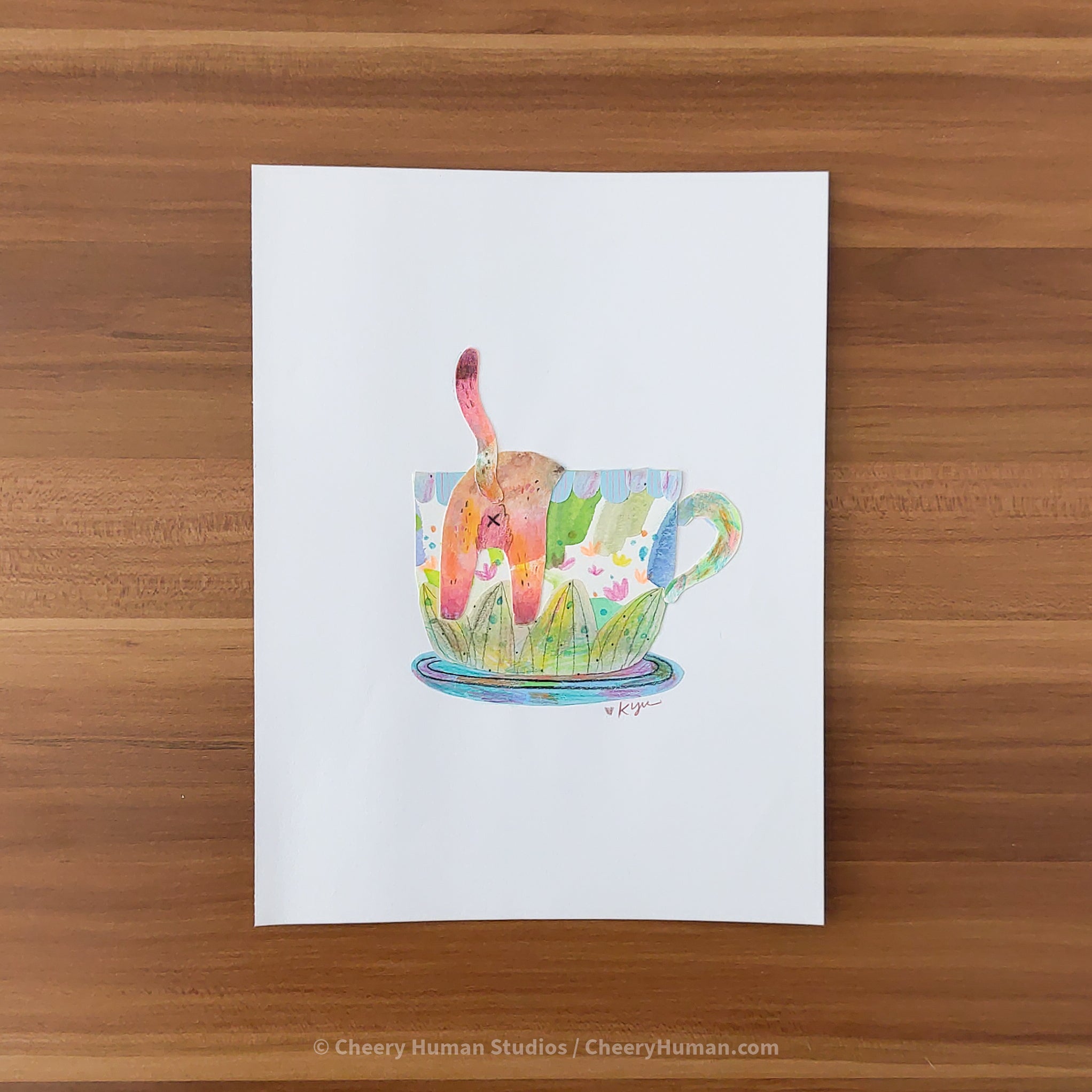 *PAPER ART ORIGINAL* Cat Butt + Teacup - Original Paper Cut Artwork ✺ Watercolor - Acryla Gouache - Colored Pencil Art