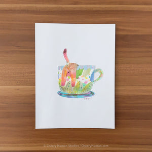 *PAPER ART ORIGINAL* Cat Butt + Teacup - Original Paper Cut Artwork ✺ Watercolor - Acryla Gouache - Colored Pencil Art