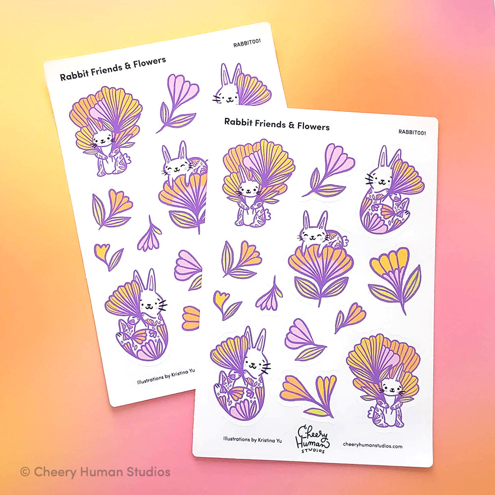 Rabbit Friends & Flowers - Decorative Sticker Sheet | Single Sticker Sheet or Pack of 5