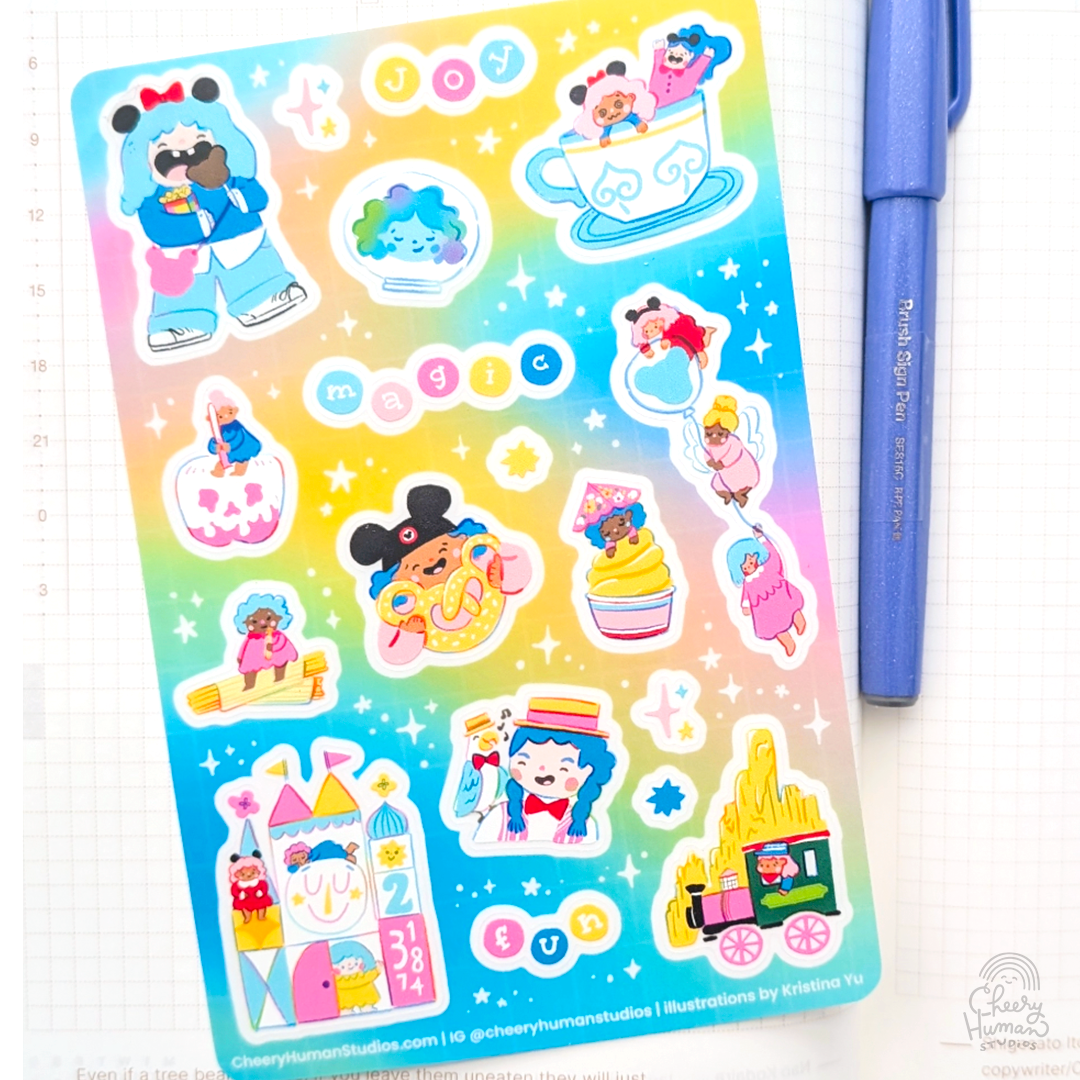 *Paper World Expo Anaheim Exclusive* Cheery Human Visits the Magic Park - Transparent Vinyl Sticker Sheet