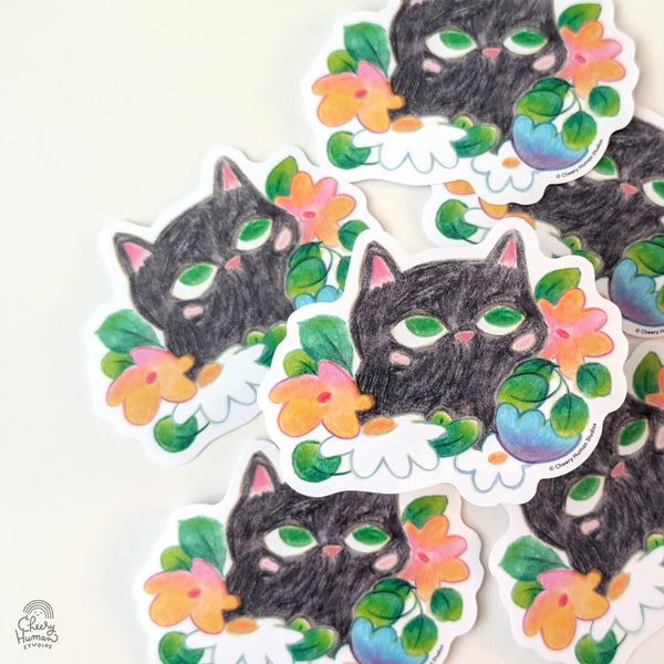 Black Cat & Flowers - Handmade Vinyl Sticker