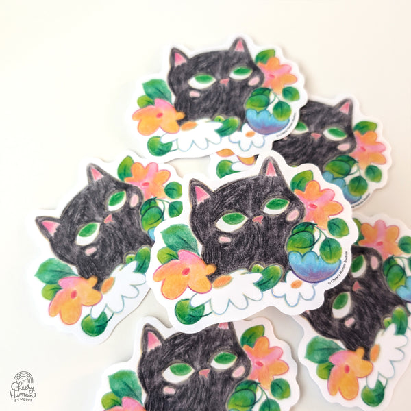 Black Cat & Flowers - Handmade Vinyl Sticker