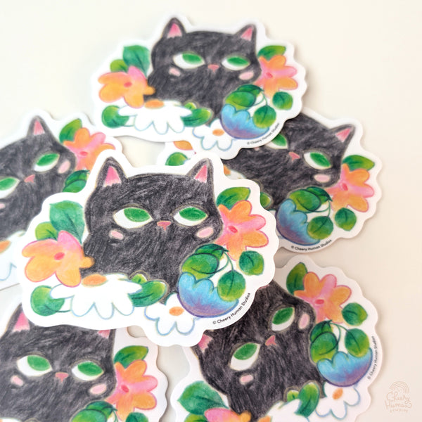 Black Cat & Flowers - Handmade Vinyl Sticker