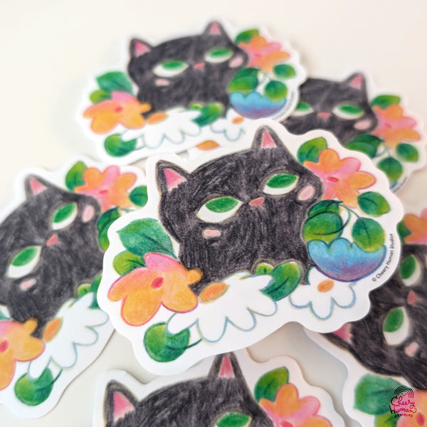 Black Cat & Flowers - Handmade Vinyl Sticker