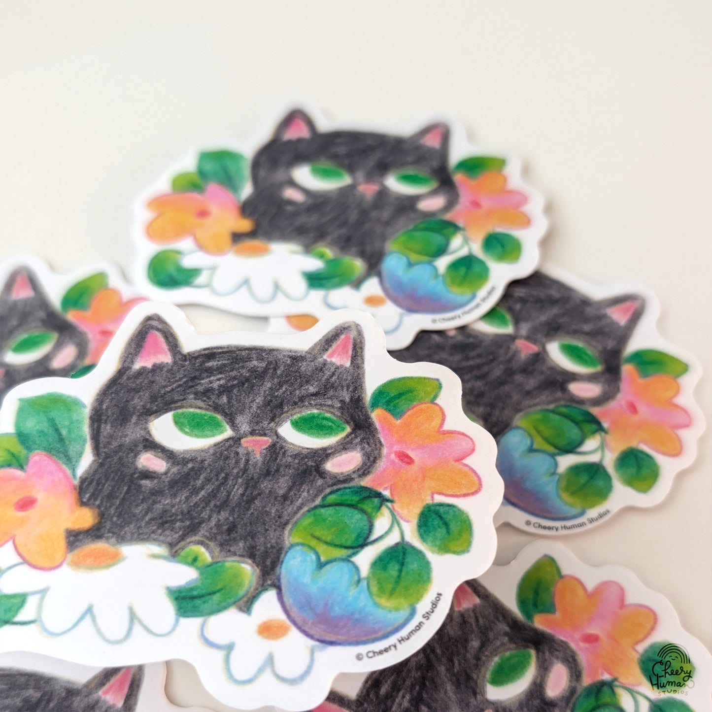Black Cat & Flowers - Handmade Vinyl Sticker