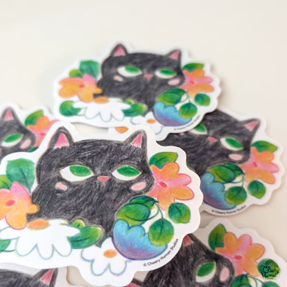 Black Cat & Flowers - Handmade Vinyl Sticker