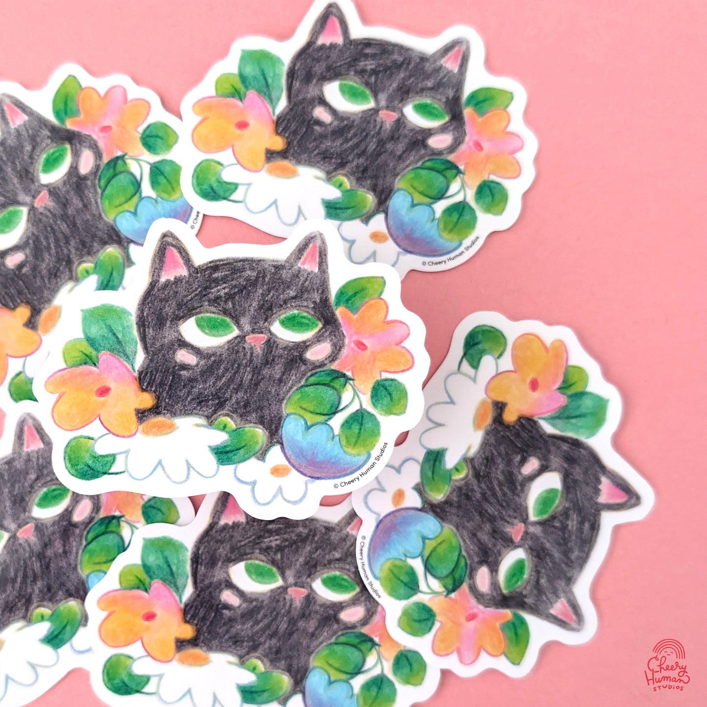 Black Cat & Flowers - Handmade Vinyl Sticker