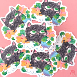 Black Cat & Flowers - Handmade Vinyl Sticker