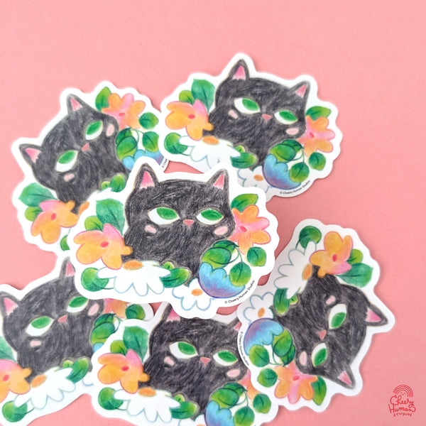 Black Cat & Flowers - Handmade Vinyl Sticker