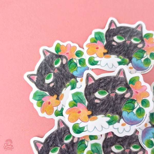 Black Cat & Flowers - Handmade Vinyl Sticker