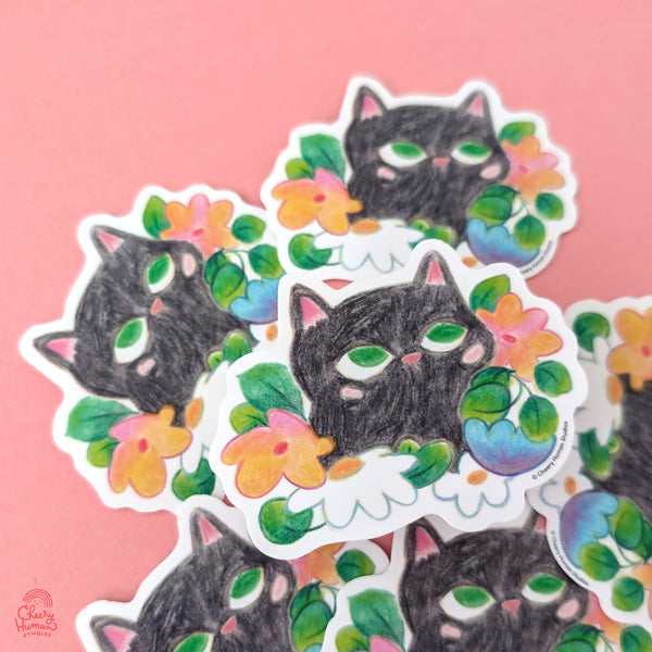 Black Cat & Flowers - Handmade Vinyl Sticker