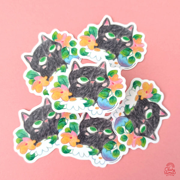 Black Cat & Flowers - Handmade Vinyl Sticker