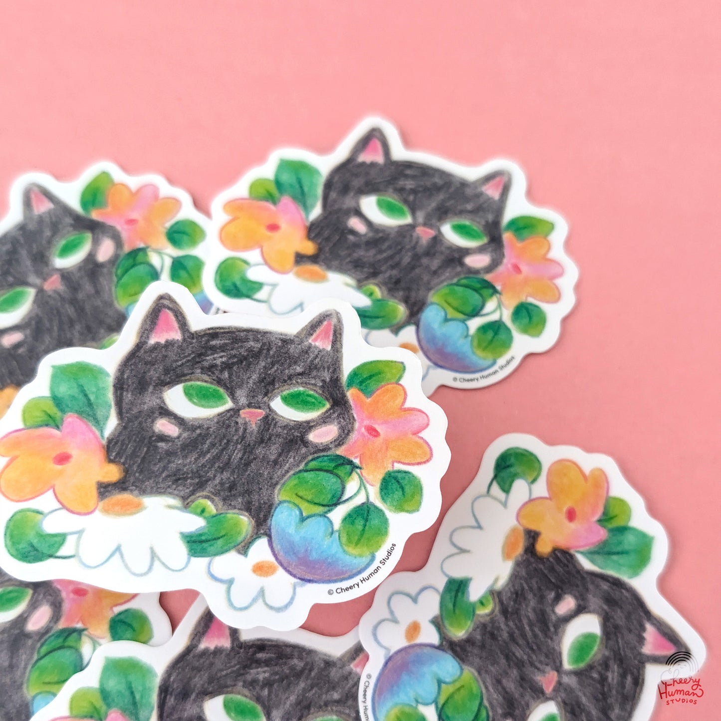 Black Cat & Flowers - Handmade Vinyl Sticker