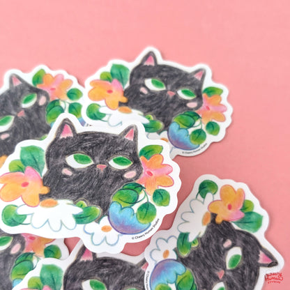 Black Cat & Flowers - Handmade Vinyl Sticker