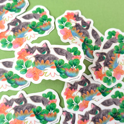 Cozy Tuxedo Cat + Flowers - Handmade Vinyl Sticker