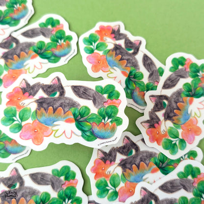 Cozy Tuxedo Cat + Flowers - Handmade Vinyl Sticker