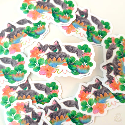 Cozy Tuxedo Cat + Flowers - Handmade Vinyl Sticker