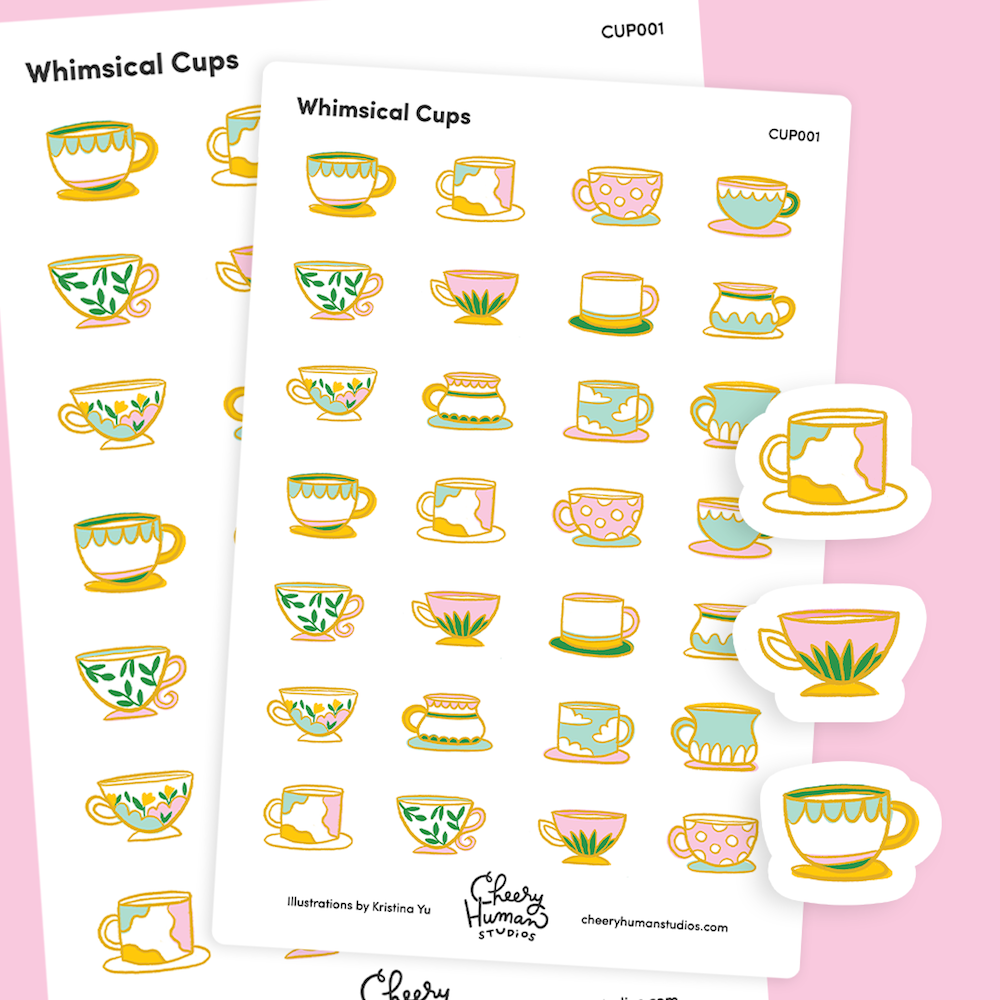 Whimsical Cups - Sticker Sheet | Single Sticker Sheet or Pack of 5