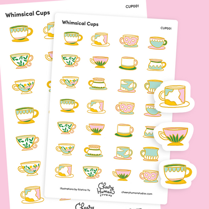 Whimsical Cups - Sticker Sheet | Single Sticker Sheet or Pack of 5