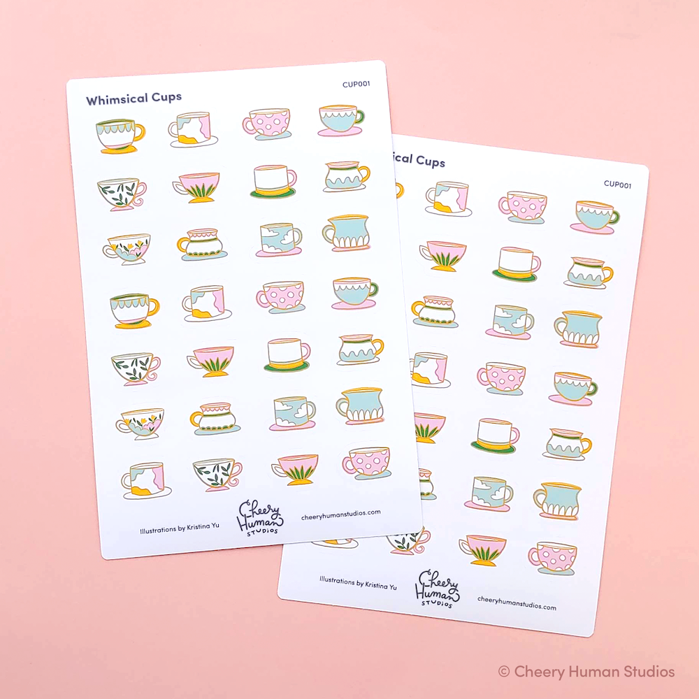 Whimsical Cups - Sticker Sheet | Single Sticker Sheet or Pack of 5