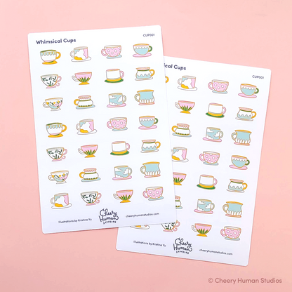 Whimsical Cups - Sticker Sheet | Single Sticker Sheet or Pack of 5