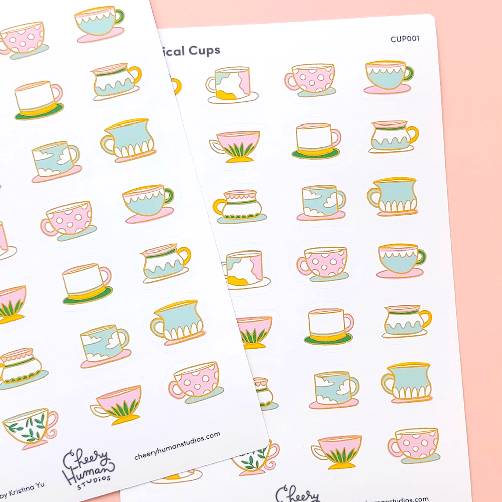 Whimsical Cups - Sticker Sheet | Single Sticker Sheet or Pack of 5