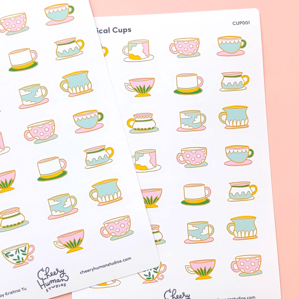 Whimsical Cups - Sticker Sheet | Single Sticker Sheet or Pack of 5