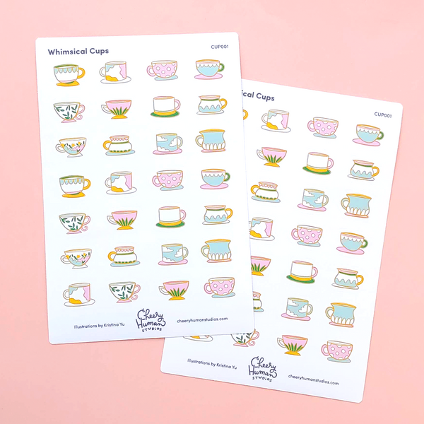 Whimsical Cups - Sticker Sheet | Single Sticker Sheet or Pack of 5