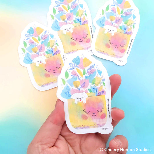 Dog in Flower Pot - Paper Art - Handmade Vinyl Sticker