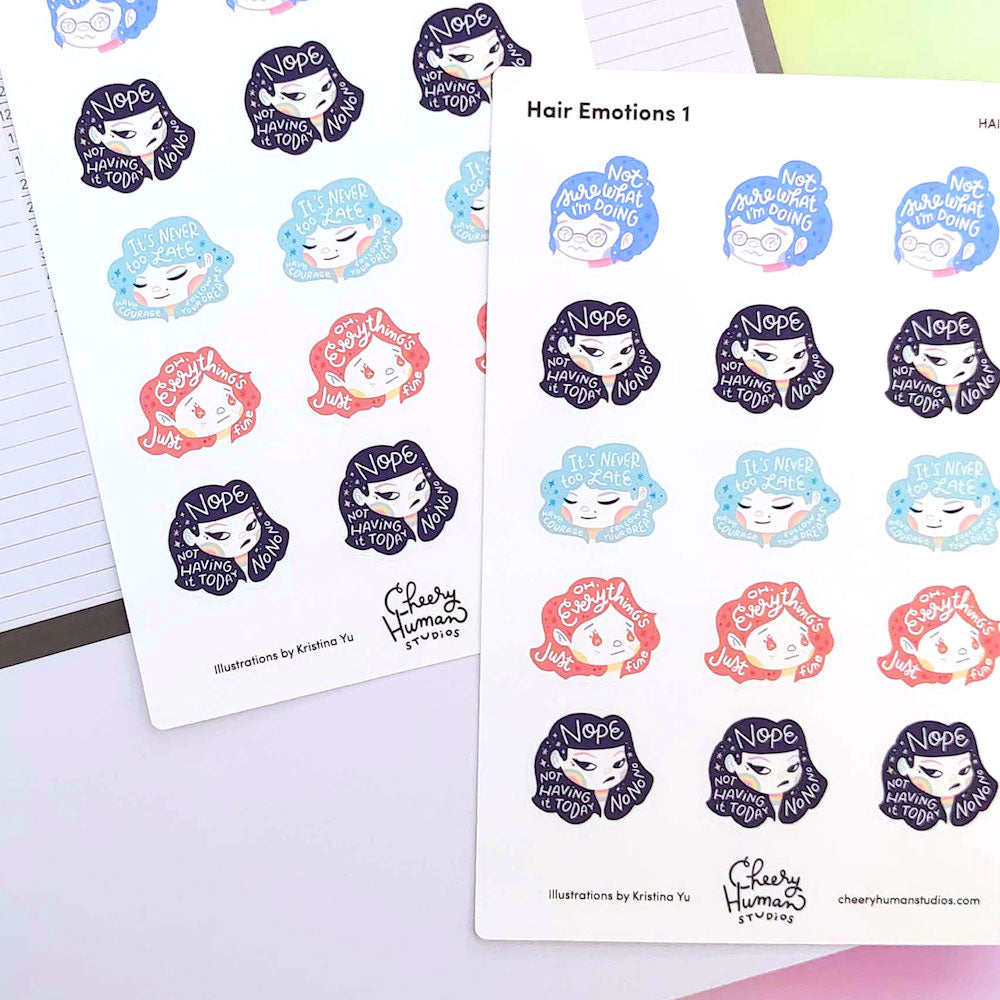 Hair Emotions 1 - Decorative Sticker Sheet | Single Sticker Sheet or Pack of 5