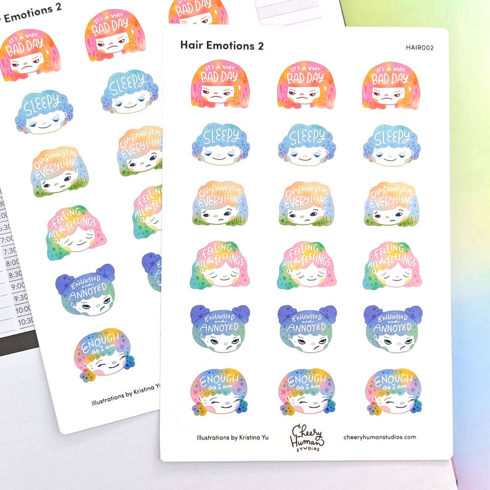 Hair Emotions 2 - Decorative Sticker Sheet | Single Sticker Sheet or Pack of 5