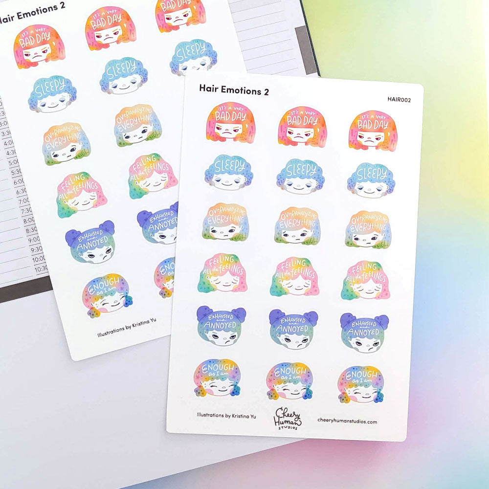 Hair Emotions 2 - Decorative Sticker Sheet | Single Sticker Sheet or Pack of 5