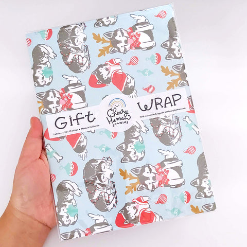 Holiday Huskies Gift Wrap - Folded Flat Pack of 2 Sheets