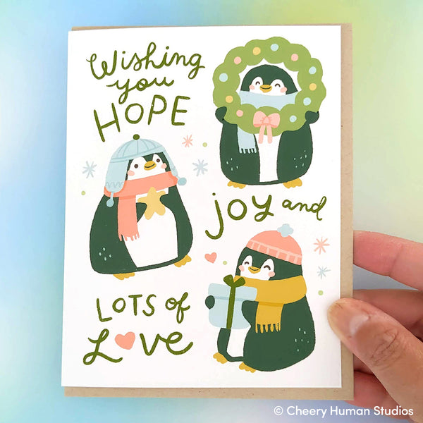 Hope, Joy, and Love - Penguins Holiday Greeting Card