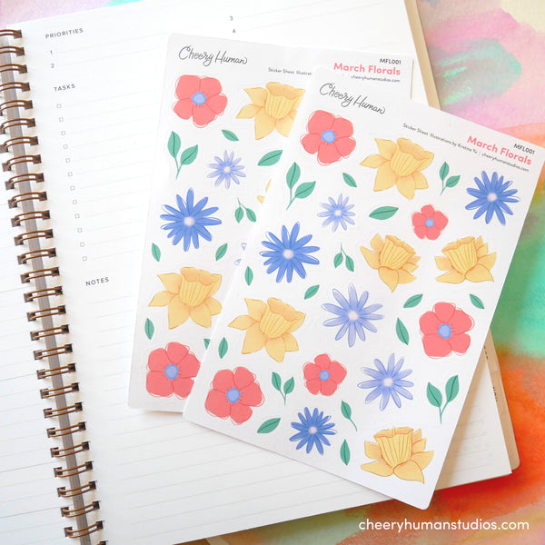 March Florals - Stickers | Single Sticker Sheet or Pack of 5