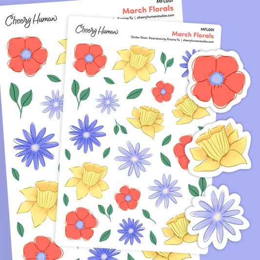 March Florals - Stickers | Single Sticker Sheet or Pack of 5