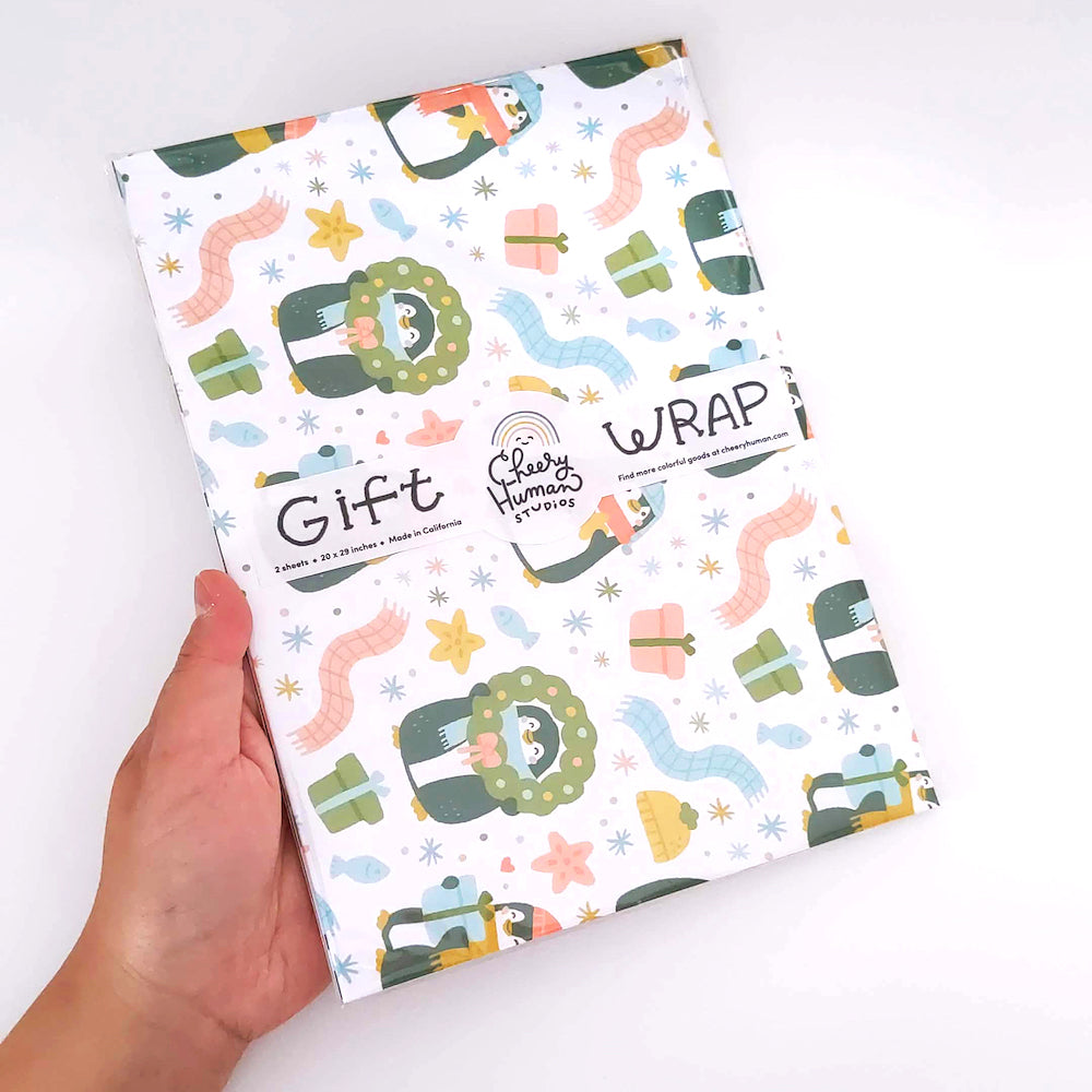 Penguin Holiday Gift Wrap - Folded Flat Pack of 2 Sheets