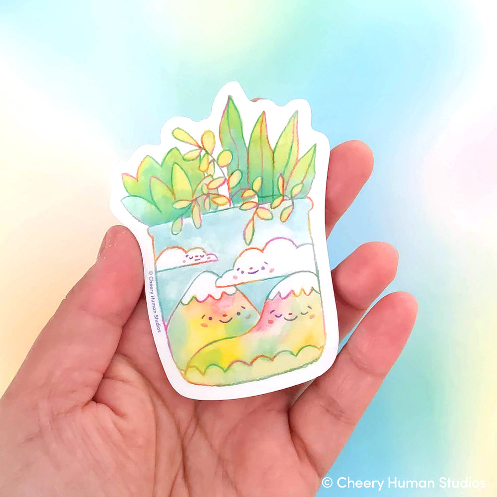 Tiny Worlds: Rainbow Mountains + Plants - Handmade Vinyl Sticker