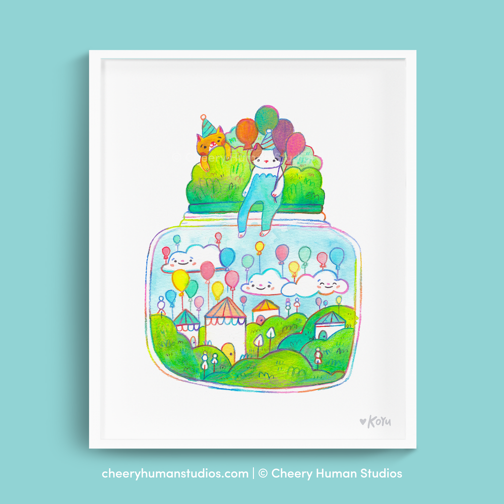 Tiny Worlds + Cats: Balloons - Art Print