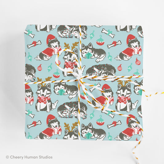 Holiday Huskies Gift Wrap - Folded Flat Pack of 2 Sheets