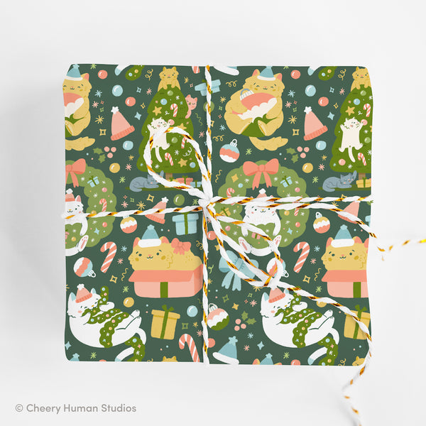 Cute Cat Holiday Gift Wrap - Folded Flat Pack of 2 Sheets