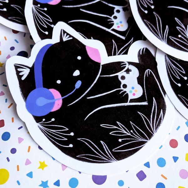 Gamer Cat - Handmade Vinyl Sticker
