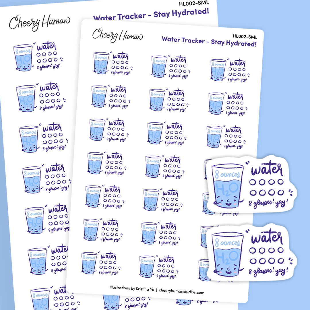 Hydration Tracker Stickers (Small) | Stickers for Vertical Planners & Journals | Water Tracker | Stay Hydrated - Stickers for Vertical Planners | Single Sticker Sheet or Pack of 5